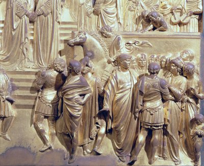 Setkání krále Šalamouna a královny ze Sáby, detail účastníků, z původního panelu z východních dveří baptisteria, restaurování pozlaceného bronzu z let 1425-52 od Lorenzo Ghiberti