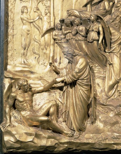 The Story of Adam, detail Stvoření Adama a Pokušení Adama a Evy, z jednoho z původních panelů z východních dveří baptisteria, restaurování zlaceného bronzu z let 1425-52 od Lorenzo Ghiberti