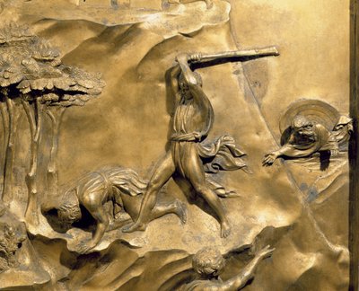Příběh Kaina a Ábela, detail zabití Ábela, původní panel z východních dveří baptisteria, restaurování sloupků z pozlaceného bronzu 1425-52 od Lorenzo Ghiberti