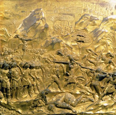 Příběh Davida a Goliáše, původní panel z East Doors of the Baptistery, 1425-52 (pozlacený bronz) (po restaurování) od Lorenzo Ghiberti