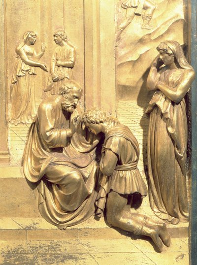 Příběh Jákoba a Ezaua, detail Izáka žehnajícího Jakuba, z původního panelu z východních dveří baptisteria, restaurování sloupků z pozlaceného bronzu 1425-52 od Lorenzo Ghiberti