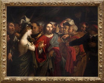 Kristus a cizoložná žena. Obraz od Lorenza Lotta (1480-1556), olej na plátně od Lorenzo Lotto