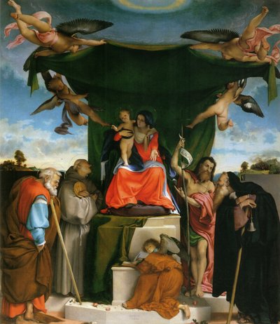 německy: Thronende Madonna, Engel und Heilige Madonna s dítětem, anděly a světci na trůně od Lorenzo Lotto