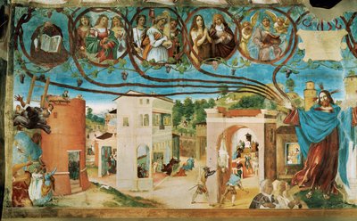 Levá strana Capella Suardi, kostel Santa Barbara v Bergamu ... (nástěnná malba) od Lorenzo Lotto
