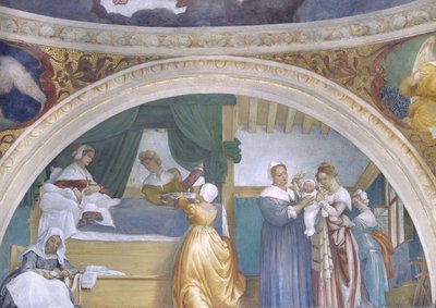 Narození Panny Marie, luneta z kaple Lotto, 1525 od Lorenzo Lotto