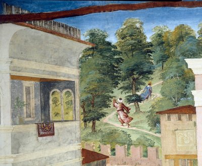 Svatá Barbora pronásledovaná lesem, Kristus-víno a legenda o svaté Barboře, Lorenzo Lotto (asi 1480 - 1556), freska, detail Villa Suardi, Suardi Chapel, Trescore Balneario, Itálie od Lorenzo Lotto