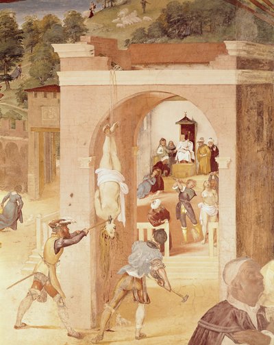Výjevy ze života svaté Barbory, detail sv. Barbory předán římskému prelátovi Marcianovi a poté mučen, 1523-24 od Lorenzo Lotto