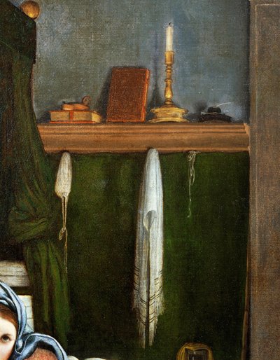 Police s kandelábry a knihami, detail ze Zvěstování, cca 1434, od Lorenza Lotta (1480-1556), olej na plátně od Lorenzo Lotto