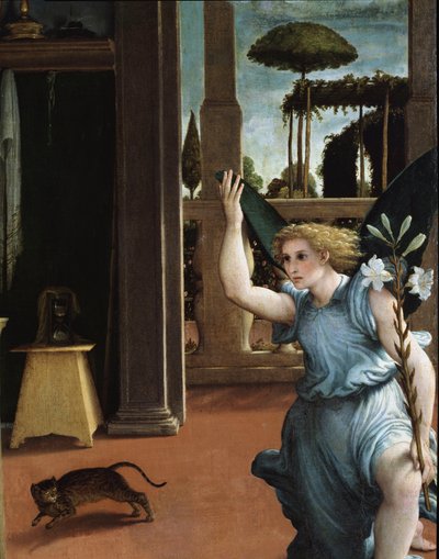 Zvěstování, detail anděla od Lorenzo Lotto