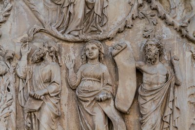Proroci, detail z Jesseho stromu a mesiášských proroctví, Příběhy Genesis, basreliéfy od Lorenza Maitaniho (před 1275-1330), druhý sloup, průčelí katedrály Orvieto, Umbrie, Itálie od Lorenzo Maitani