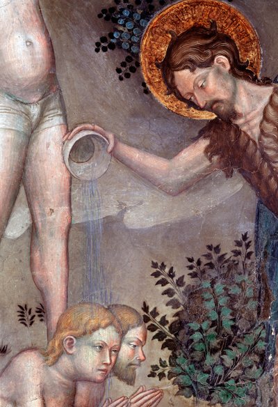 Svatý Jan Křtitel křtící davy v řece Jordán, detail (Freska od Lorenzo Salimbeni