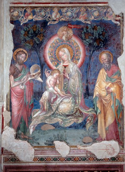 Panna s dítětem obklopená svatým Jakubem apoštolem a svatým Janem Křtitelem (Freska od Lorenzo Salimbeni