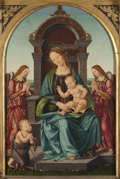 Madona s dítětem se svatým Janem Křtitelem a dvěma anděly - Madona s dítětem se svatým Janem a dvěma anděly, Lorenzo di Credi (1459-1537). Olej na dřevě. Rozměr: 66,5 x 43,5 cm. Národní muzeum Stockholm od Lorenzo di Credi