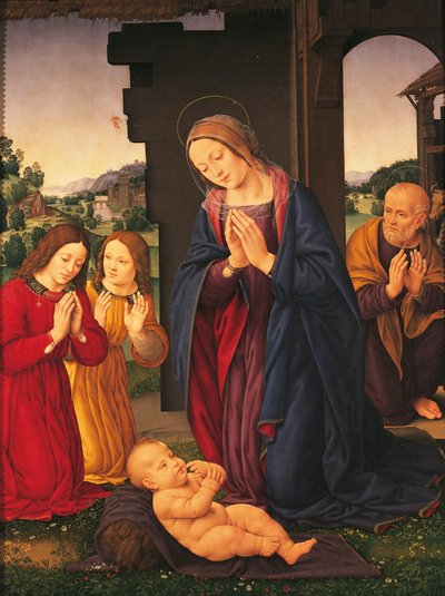 Klanění dítěte a andělů, Lorenzo di Credi (1459-1536), tempera na plátně od Lorenzo di Credi