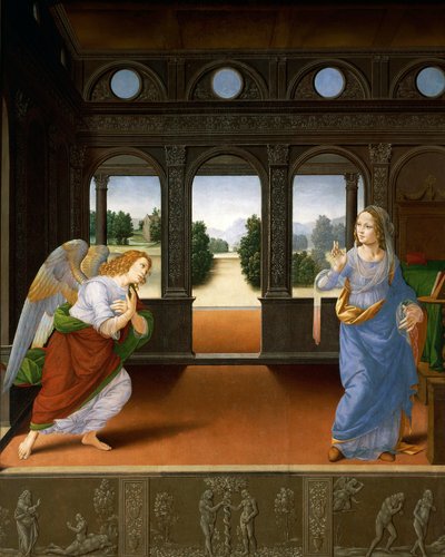 The Annunciation and Three Stories from Genesis c.1480-85 (tempera na dřevěné desce) od Lorenzo di Credi