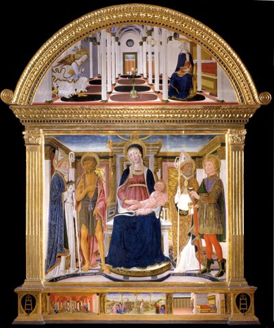 Madona s dítětem a svatí Blažej, Jan Křtitel, Mikuláš a Florián. Zvěstování, 1462 od Lorenzo di Pietro