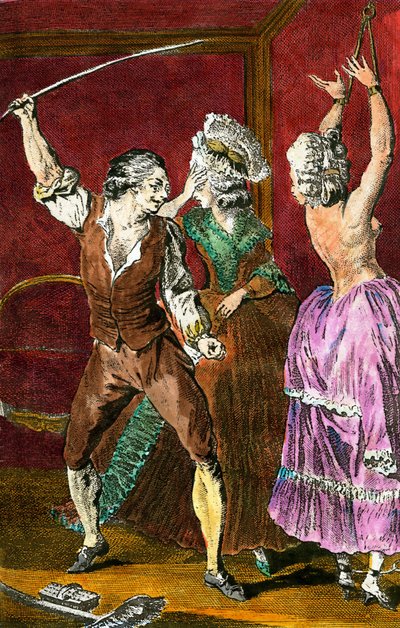 Erotika: příslušníci šlechty oddávající se sadomasochistickým radovánkám, muž bičuje ženu připoutanou. Rytina od Leroye podle kresby Louise Bineta (1744-1800) pro „Zvrácený rolník“ od Restifa de la Bretonne (1734-1806) 1775 od Louis (after) Binet