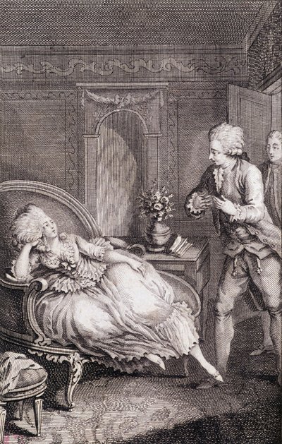 Gentilhomme vyznává lásku dámě, která se trápí na pastoušce - in "Les francaises ou 34 examples chosen in the current mores suitable to lead daughters, wives, mothers" by Restif de La Bretonne (1734-1806), ill. by Binet, Neufchatel od Louis (after) Binet