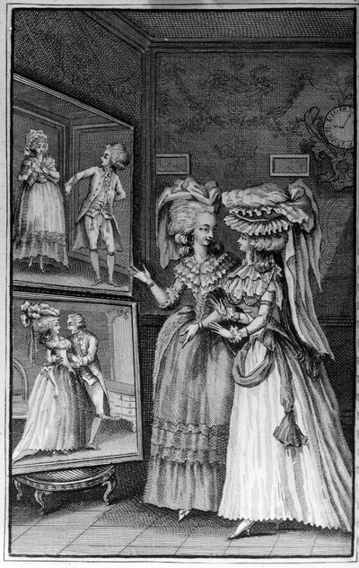 Ilustrace Louise Bineta (1744-1800) ke knize Nicolase Edme Restifa de La Bretonne „Les Parisiennes“ neboli XL Obecné postavy přijaté v moderních Maurech, vhodné k tomu, aby sloužily l’instruction des Person-du-Sexe, převzato z memoárů nového Lycee des mo od Louis (after) Binet