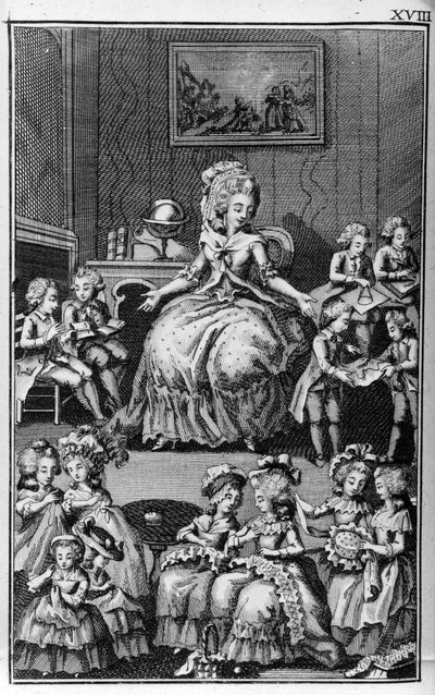 Ilustrace Louise Bineta (1744-1800) ke knize Nicolase Edme Restifa de La Bretonne „Les Parisiennes“ neboli XL Obecné postavy přijaté v moderních Maurech, vhodné k tomu, aby sloužily l’instruction des Person-du-Sexe, převzato z memoárů nového Lycee des mo od Louis (after) Binet
