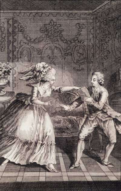 Le billet doux subtilisé (osvobození) - v „“ Les francaises ou 34 příkladů vybraných v současných mravech vhodných k vedení dcer, žen, manželek, matek“ od Restifa de La Bretonne (1734-1806), nemocného. od Binet, Neufchatel od Louis (after) Binet
