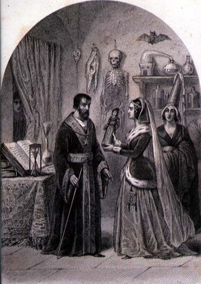 Klient navštěvuje čaroděje, vyryl Philibert Langlois (fl.c.1834-9) (rytina) od Louis (after) Marckl