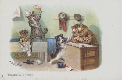 Kočky ve třídě: učitel dřímá, a tak se studenti chovají špatně (chromolitho) od Louis (after) Wain