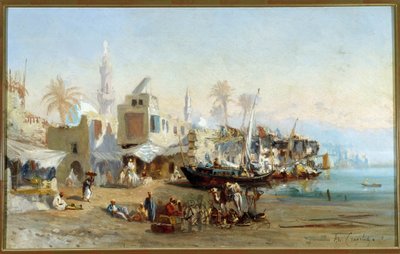 Rybáři a mešity přístavu Boulack v Egyptě Obraz Amable Louis Crapelet (1822-1867) Sun. 41x64 cm Povinná zmínka: Regards de Provence Foundation collection, Marseille od Louis Amable Crapelet