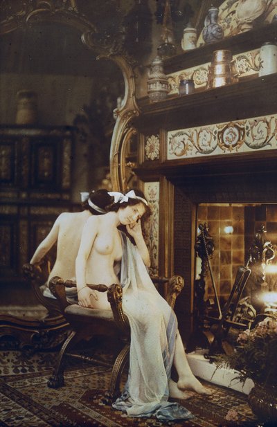 Akt sedící u Fireside, kolem 1850-1900 (mantochrom, přelepený papírem) od Louis Amedee Mante and Edmond Goldschmidt