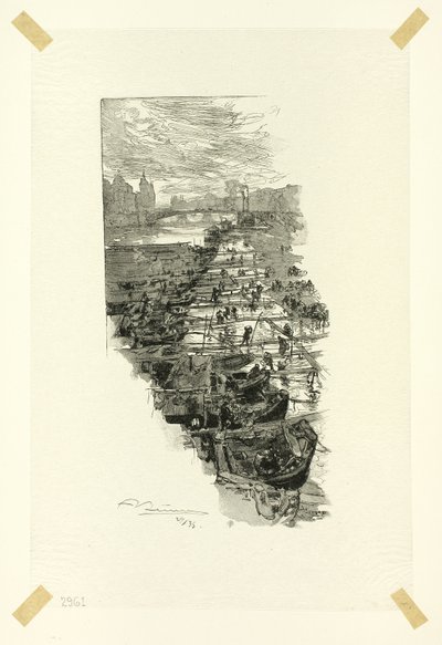 Trh s jablky, pohled z Pont Louis-Philippe, sedmá deska z knihy Le Long de la Seine et des Boulevards od Louis Auguste Lepère