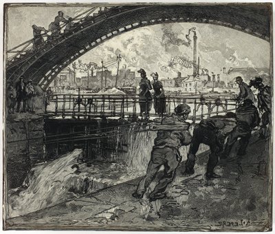 Dřevoryt pro stavidlo kanálu Saint-Martin od Louis Auguste Lepère