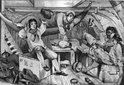 Byl jsem opilý a v noci zhýralosti jsem utopil všechny své kajícníky... rytina podle kresby M. de Sainsona pro Knihu Daniela Defoe (De foe) “Robinson Crusoe”” francouzské vydání z roku 1837. od Louis Auguste de Sainson