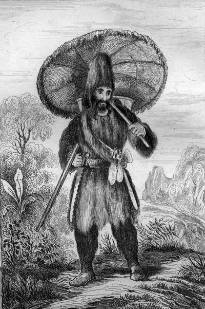 Měl jsem na sobě klobouk vysoké... rytiny podle kresby M. de Sainsona pro Knihu Daniela Defoe (De foe) “Robinson Crusoe”” francouzské vydání z roku 1837. od Louis Auguste de Sainson