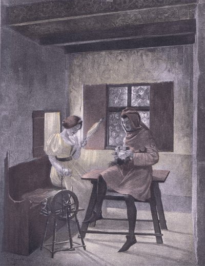 Simona spinning, ilustrace z Dekameronu z Boccaccia vydaná Navarrskou společností 30. léta (litho) od Louis Chalon