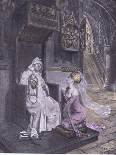 Dáma a mnich, ilustrace z Dekameronu z Boccaccia vydané Navarrskou společností 30. léta (litho) od Louis Chalon