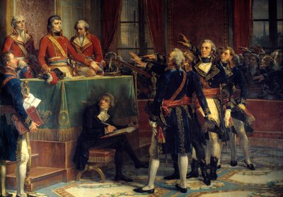 Tři konzulové: Bonaparte, Cambaceres a Lebrun přijímající prezidentské přísahy Vpravo Emmanuel-Joseph (Emmanuel Joseph) Sieyes (1748-1836) a Pierre-Roger (Pierre Roger) Ducos (Roger Ducos) (1747-1816). Obraz Louis Charles Auguste Coud od Louis Charles Auguste Couder