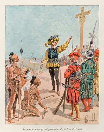 Bombardovaný Louis (1862 - 1927); Jacques Cartier (1491 - 1557) se zmocnil zátoky Gaspe v Kanadě jménem francouzského krále Francoise 1. v roce 1534 (Cartier ukazuje erb Francie na kříž, který zasadil); Histoire de la Nouvelle od Louis Charles Bombled