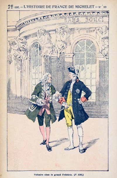 Francois Voltaire (1694-1778) s pruským králem Fridrichem II. (1712-86) v Sanssouci u Postupimi, z „Histoire de France“ od Julese Micheleta (1798-1874) kolem roku 1900 od Louis Charles Bombled