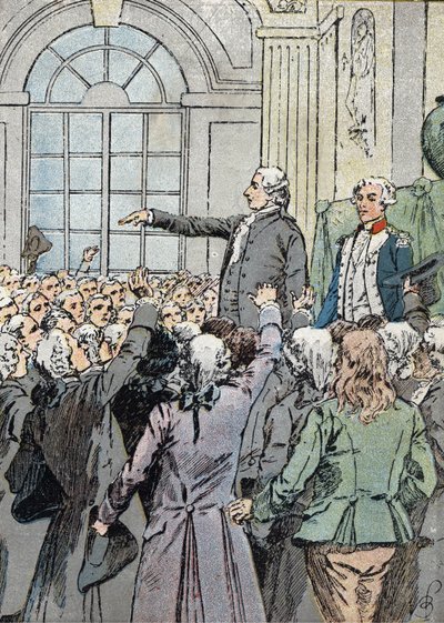 Francouzská revoluce: „“ Zástupce Jean Sylvain Bailly (1736-1793) byl zvolen starostou Paříže dne 15. 7. 1789 za přítomnosti La Fayette“ (Politický vůdce Jean-Sylvain Bailly zvolen starostou Paříže dne 15. 1789) Ilustrace Louis Charles B od Louis Charles Bombled