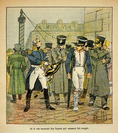 Ilustrace Bombled Louis (1862-1927) z knihy „Památník svaté Heleny“ od hraběte Emmanuela de Las Cases (1766-1842): Bývalý Napoleonův důstojník, který je v rekonstrukci, vyzývá bývalé brance, aby odmítli imperiální režim, Částečná sbírka od Louis Charles Bombled