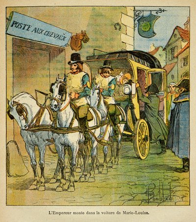 Ilustrace Bombled Louis (1862-1927) z knihy „Památník svaté Heleny“ od hraběte Emmanuela de Las Cases (1766-1842): Císař Napoleon jede v autě, aby se setkal se svou ženou Marií Louise v roce 1810, Soukromá sbírka od Louis Charles Bombled