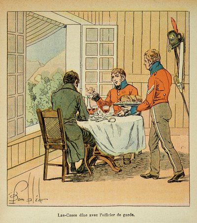 Ilustrace Bombled Louis (1862-1927) z knihy „Památník svaté Heleny“ od hraběte Emmanuela de Las Cases (1766-1842): Večeře mezi Las Cases a strážným, soukromá sbírka od Louis Charles Bombled