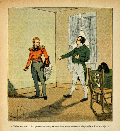Ilustrace Bombled Louis (1862-1927) z knihy „Památník svaté Heleny“ od hraběte Emmanuela de Las Cases (1766-1842): Císař Napoleon obviňuje guvernéra Hudsona Lowea (1769-1844) z jeho chování vůči němu, Collection Partial od Louis Charles Bombled
