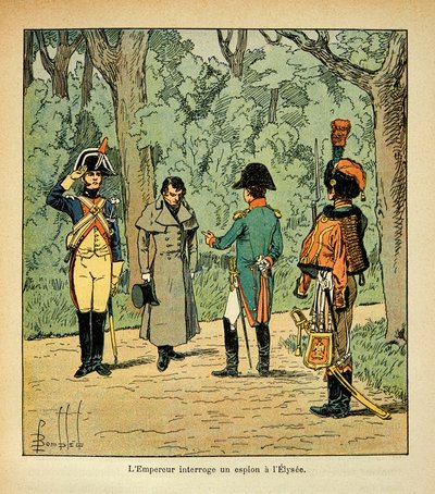 Ilustrace Bombled Louis (1862-1927) z knihy „Památník svaté Heleny“ od hraběte Emmanuela de Las Cases (1766-1842): Císař Napoleon vyslýchá špióna v Elysee, soukromá sbírka od Louis Charles Bombled