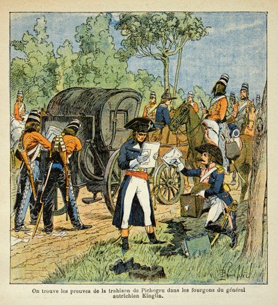 Ilustrace Bombled Louis (1862-1927) z knihy „Památník svaté Heleny“ od hraběte Emmanuela de Las Cases (1766-1842): Během plavby přes Rýn objeví Moreau korespondenci mezi Pichegrem a princem z Conde v roce dodávky z od Louis Charles Bombled