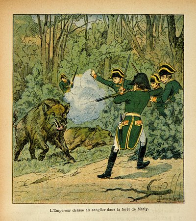 Ilustrace Bombled Louis (1862-1927) z knihy „Památník svaté Heleny“ od hraběte Emmanuela de Las Cases (1766-1842): Císař Napoleon loví kance v lese Marly, soukromá sbírka od Louis Charles Bombled