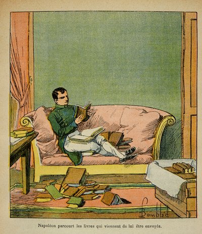 Ilustrace Bombled Louis (1862-1927) z knihy „Památník svaté Heleny“ od hraběte Emmanuela de Las Cases (1766-1842): Císař Napoleon prochází knihami, které byly právě odeslány do St. Helene, soukromá sbírka od Louis Charles Bombled