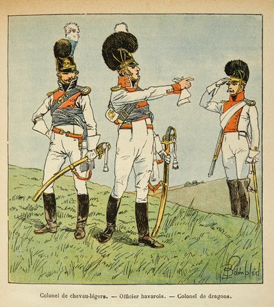 Ilustrace Bombled Louis (1862-1927) z knihy „Památník svaté Heleny“ od hraběte Emmanuela de Las Cases (1766-1842): Bavorská armáda: Plukovník lehkých koní; bavorský důstojník; Plukovník draků, soukromá sbírka od Louis Charles Bombled