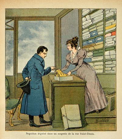 Ilustrace Bombled Louis (1862-1927) z knihy „Památník svaté Heleny“ od hraběte Emmanuela de Las Cases (1766-1842): Přestrojení císaře Napoleona v obchodě na Rue Saint Denis, soukromá sbírka od Louis Charles Bombled