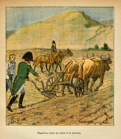 Ilustrace Bombled Louis (1862-1927) z knihy „Památník svaté Heleny“ od hraběte Emmanuela de Las Cases (1766-1842): U sv. Heleny sleduje císař Napoleon brázdu k pluhu, soukromá sbírka od Louis Charles Bombled